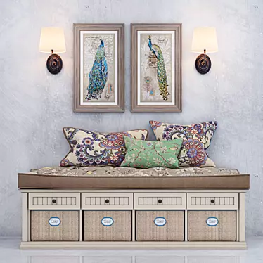 Ethnic Bench Set with Cushions, Sconce, and Art 3D model image 1 