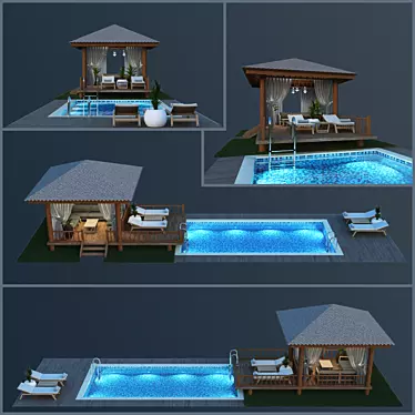 Wooden Gazebo with Pool Combo 3D model image 1 