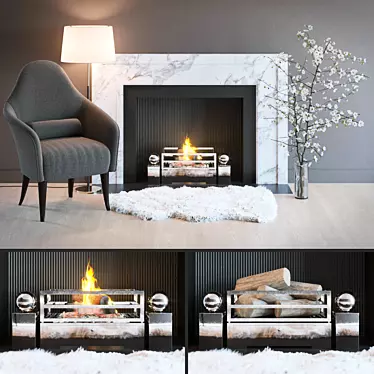 Cozy Fireplace Set: Marble Chimney, Armchair, Wooden Logs, Sheepskin, Lamp, Cherry Blossom 3D model image 1 