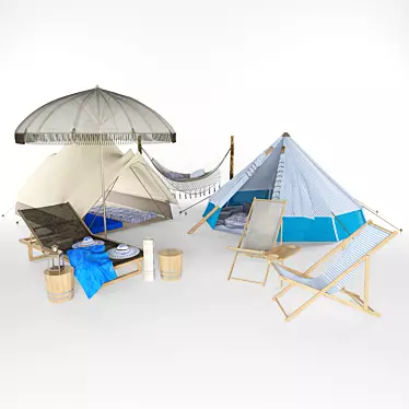 Beach Camping Essentials: Tepee Tent, Umbrella, Hammock, Sunbed & More! 3D model image 1 