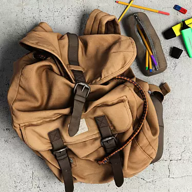 Vintage Backpack with Pencase 3D model image 1 