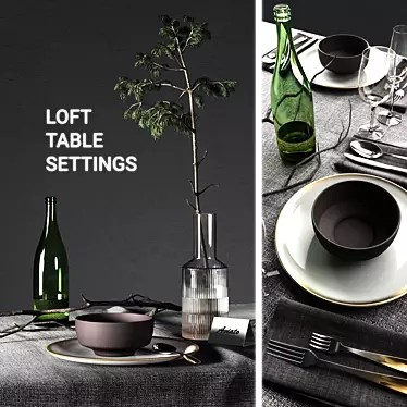 Loft-inspired Table Settings with Pine Branch 3D model image 1 