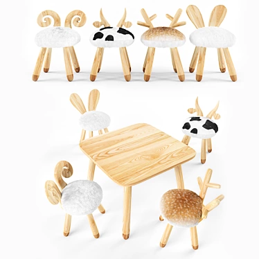 Animal Wooden Set - Handmade High-Quality Chairs & Table 3D model image 1 
