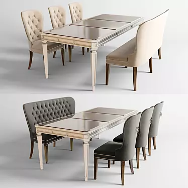 Classic Dining Table Set with Chairs and Bench 3D model image 1 