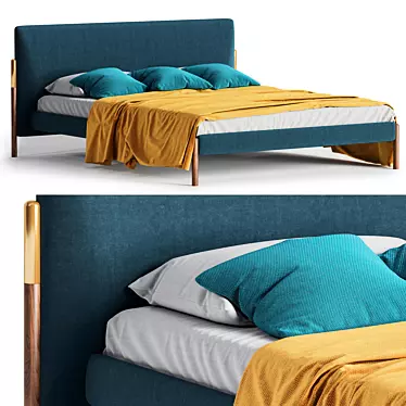 Modern Fabric Bed with Wooden Legs 3D model image 1 
