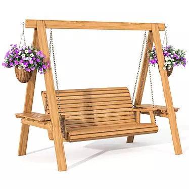 Wooden Garden Swing with Hanging Flower Pots 3D model image 1 