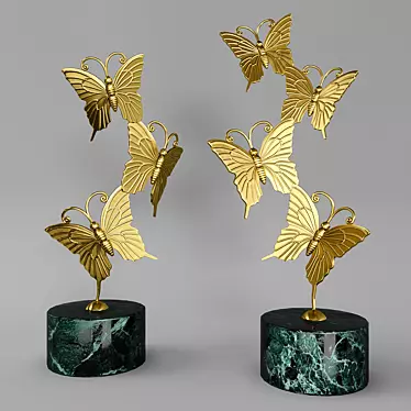 Golden Butterfly Statuette Set on Green Marble Stand 3D model image 1 