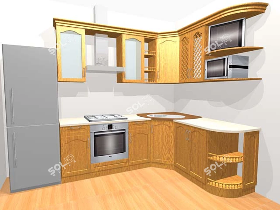 Oak Wood Kitchen with Liquid Stone Countertop 3D model image 1