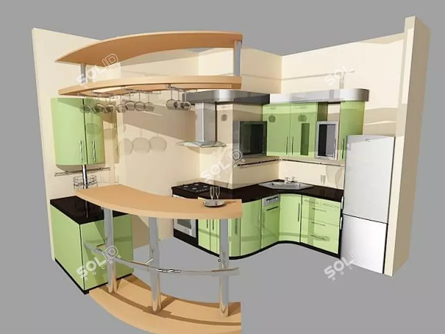 Modern Green Corner Kitchen with Appliances & Bar 3D model image 1