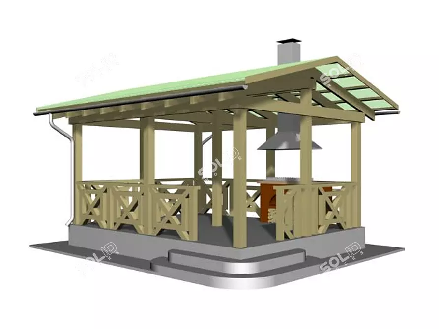 Wooden Gazebo with Sloping Roof & Fireplace 3D model image 1