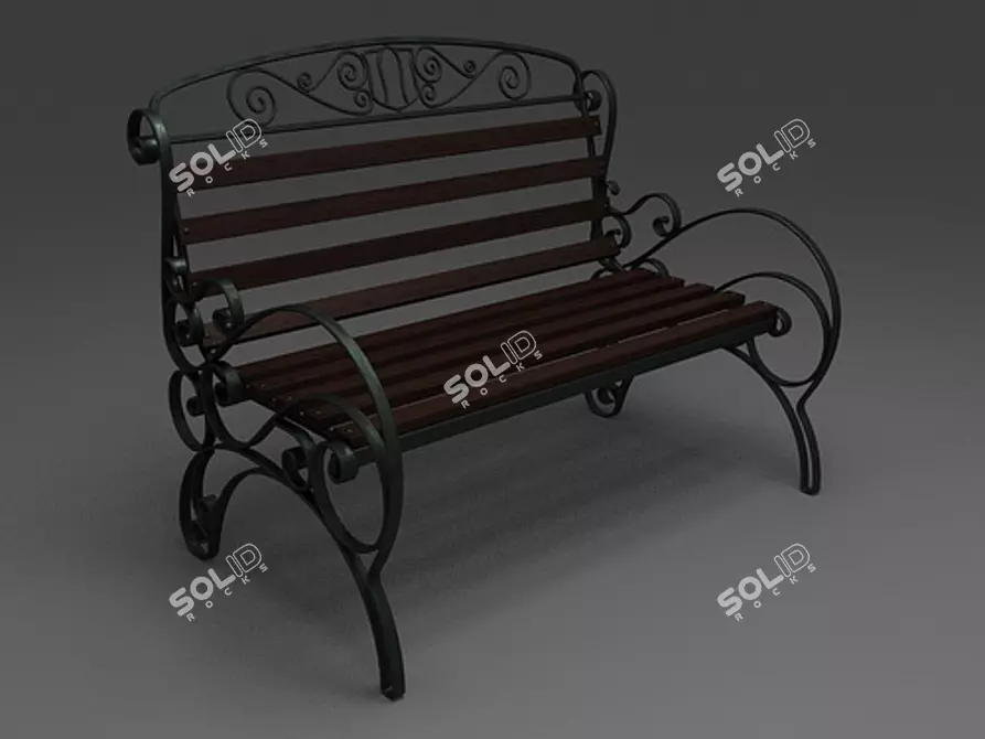 Vintage Dark Wood Bench with Ornate Ironwork 3D model image 1