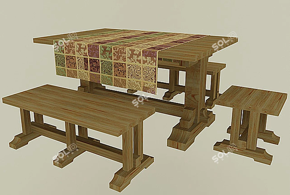 Rustic Table, Bench & Stool 3D model image 1