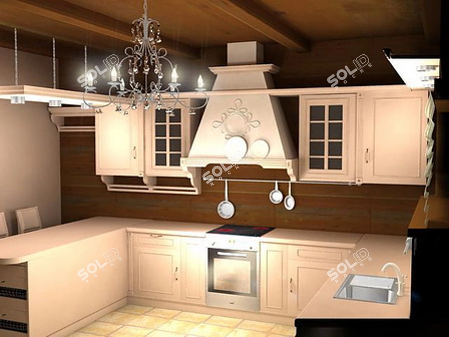 Complete Kitchen Interior: Cabinets, Bar Counter, Chairs 3D model image 1