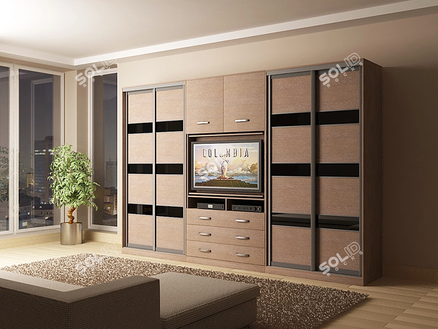 Modern Wall Unit with Painted Glass & Aluminum 3D model image 1