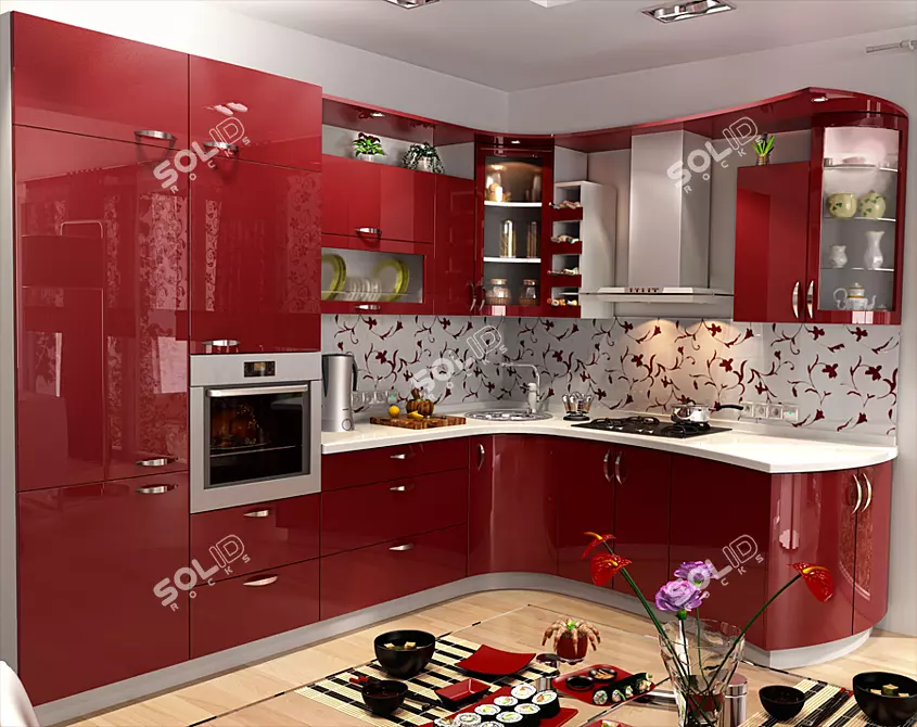 Modern Bent Kitchen Set 3D model image 1