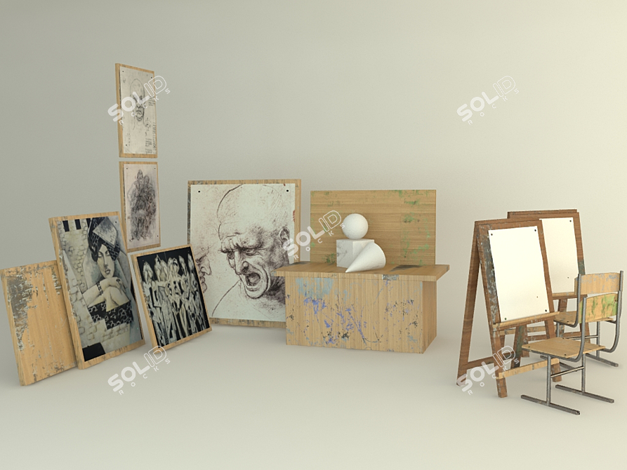 Artistic Essentials: Easel, Tablets, Chairs, Paintings 3D model image 1