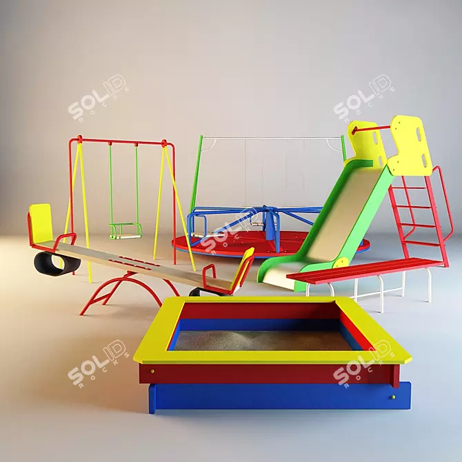 Playground Equipment: Sandbox, Rocker-Balance, Swings, Carousel, Slide, Bench 3D model image 1