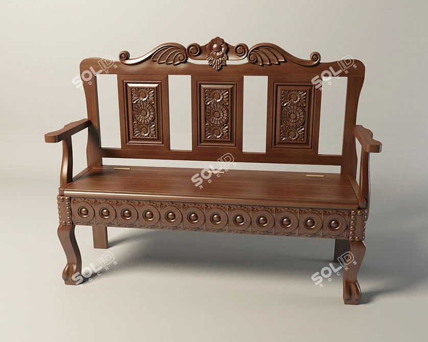 Handcrafted Wooden Bench with Intricate Carvings 3D model image 1