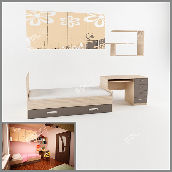 Kids Bed with Desk & Lockers 3D model image 1