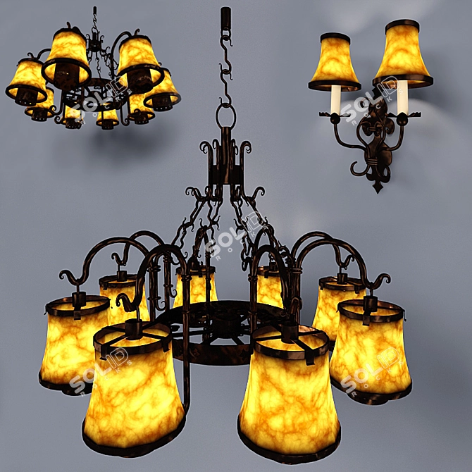 Elegant Iron Chandelier & Sconce 3D model image 1