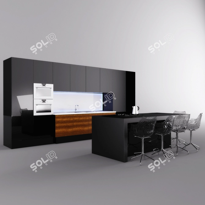 Glossy Black Custom Kitchen 3D model image 1