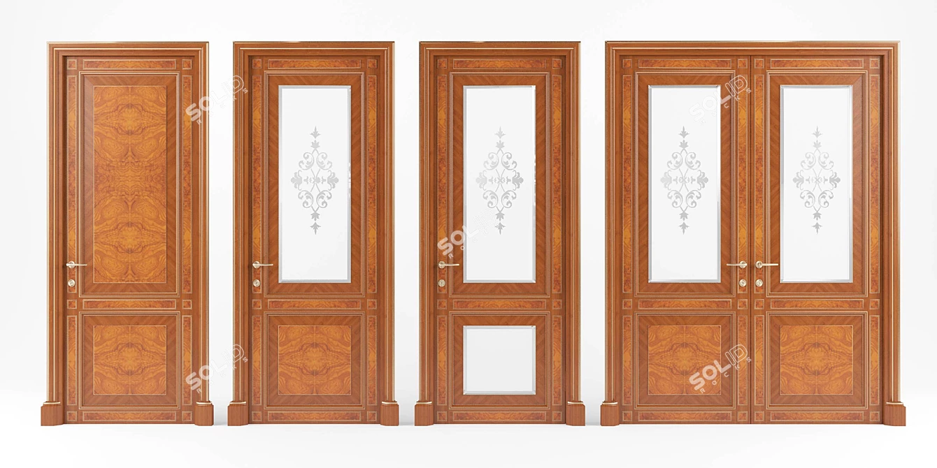 Classic Walnut Door with Ornate Glass 3D model image 1