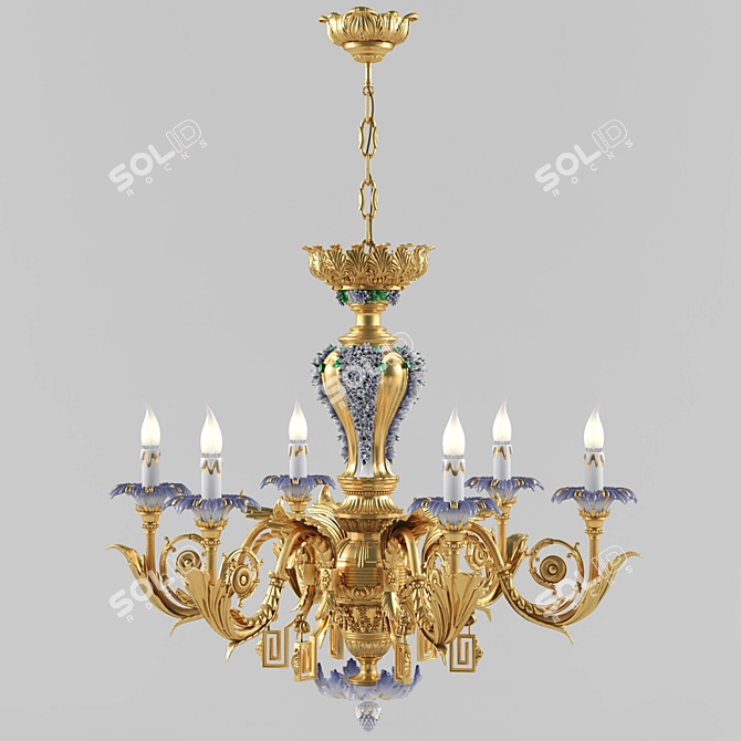 Elegant Golden Brass & Porcelain Chandelier 3D model image 1