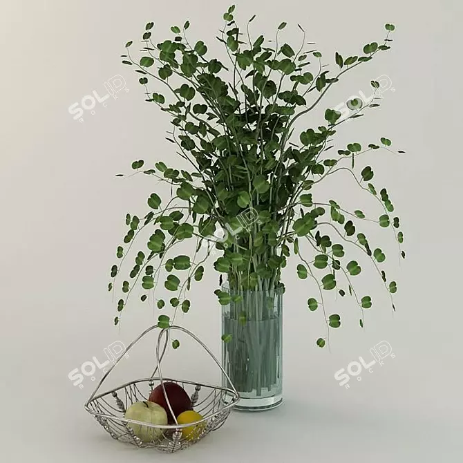 Elegant Silver Basket with Flower Vase 3D model image 1