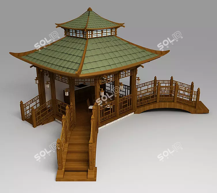 Chinese Pergola with Bridges: Serene Oasis 3D model image 1