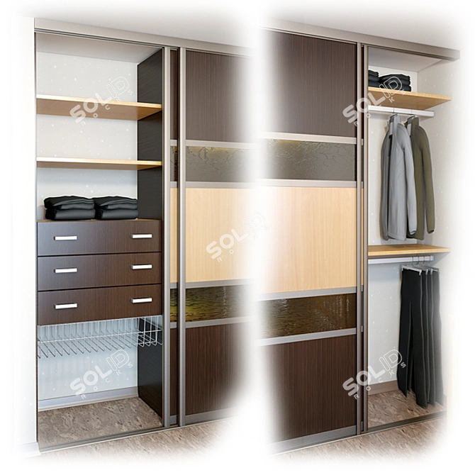 Integrated Wardrobe with Shelves, Baskets & Hanging Rods 3D model image 1