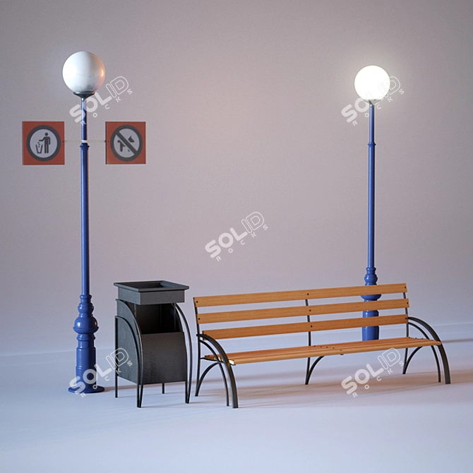 Siberian Outdoor Décor: Bench, Lamp, Urn 3D model image 1