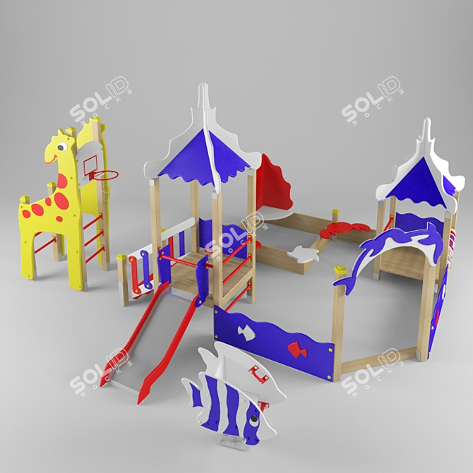 Playground Equipment: Giraffe Basketball, Coral Sandpit, Fish Spring Rocker 3D model image 1