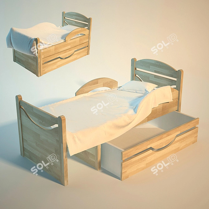 Natural Beech Children's Bed - Adjustable and Compact 3D model image 1