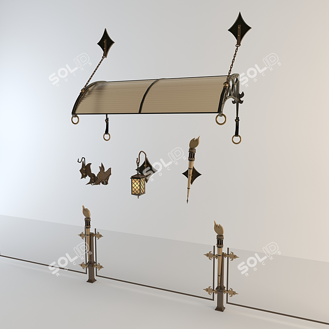 Terrace Forge Set: Pillar, Wall Sconce, Torch, BBQ Hooks, Canopy 3D model image 1