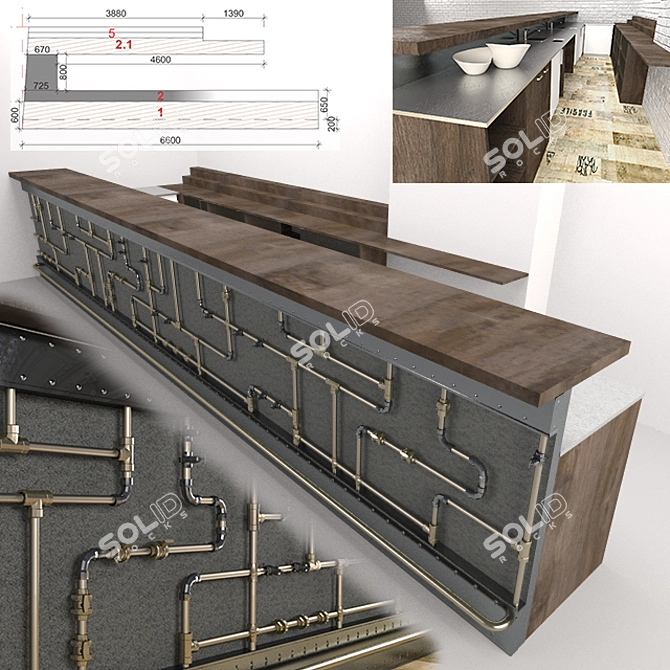 Rustic Oak Bar Counter with Industrial Accents 3D model image 1