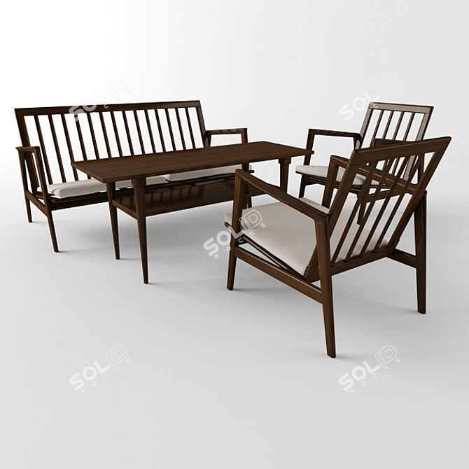 Rustic Wood Table Set 3D model image 1