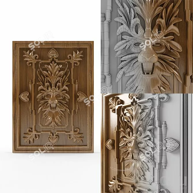 Wooden Lion Head Relief Sculpture 3D model image 1