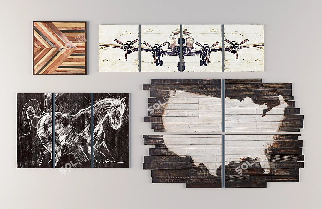 Contemporary Art Set | 4 Wooden Paintings 3D model image 1