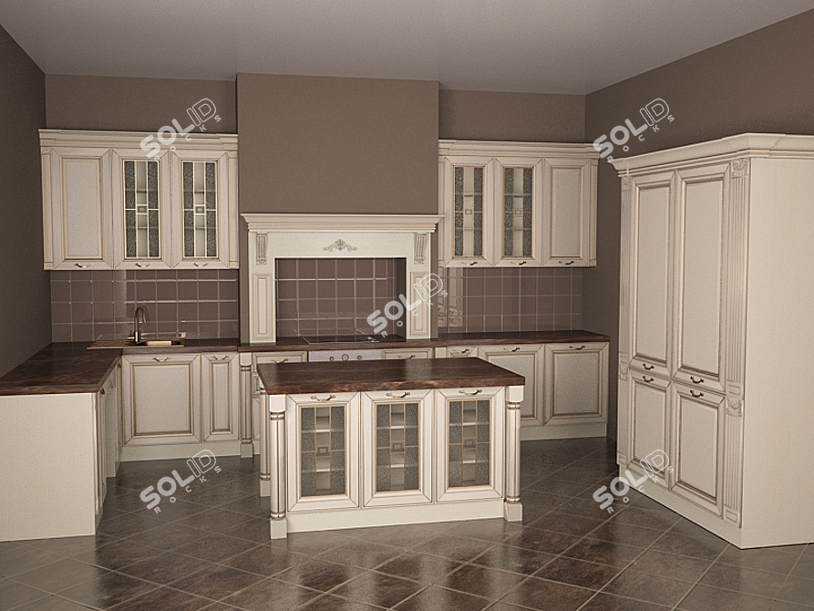 Elegant Golden Oak Kitchen 3D model image 1