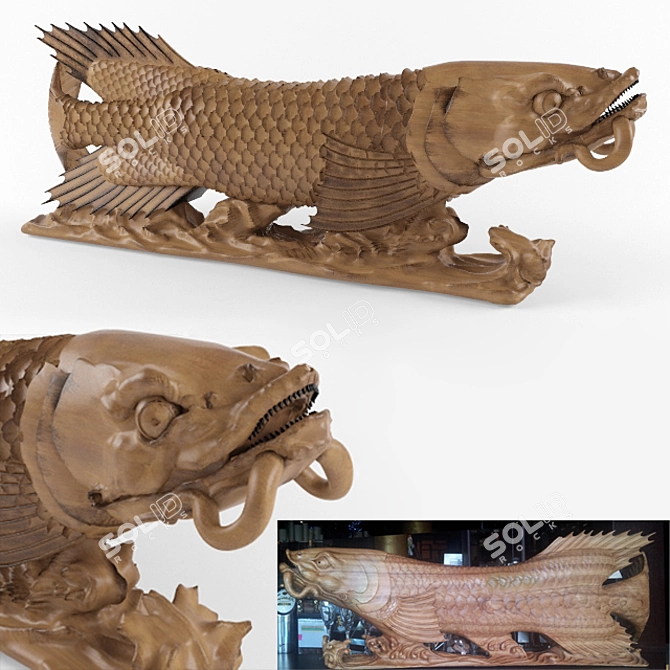 Handcrafted Wooden Carp Fish Sculpture 3D model image 1