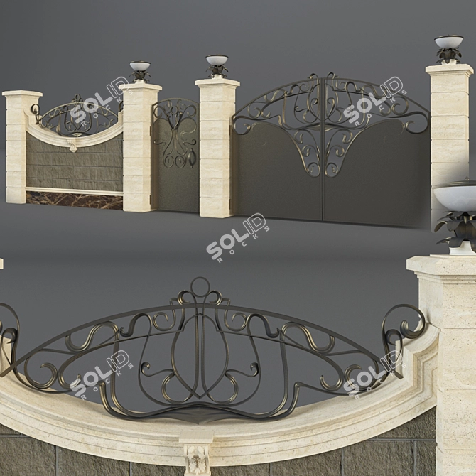 Artistic Fence Set: Gate, Section, Lanterns & More 3D model image 1