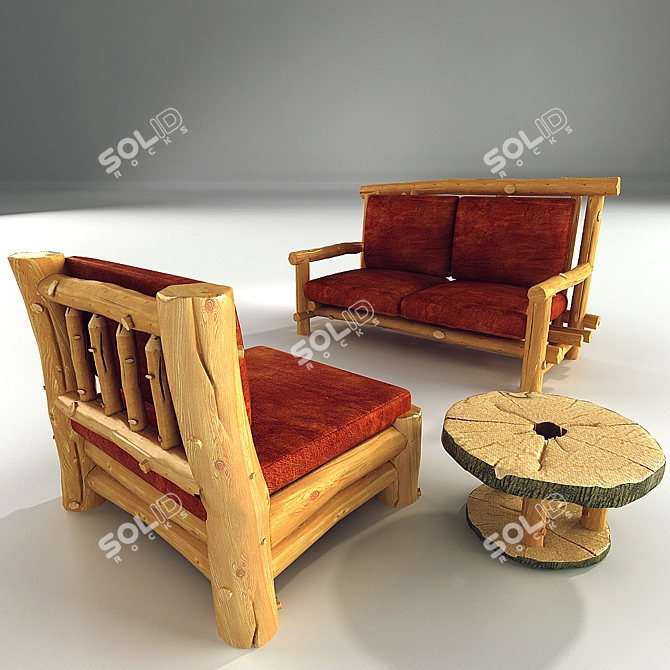 Rustic Sofa Chair and Journal Table Set 3D model image 1