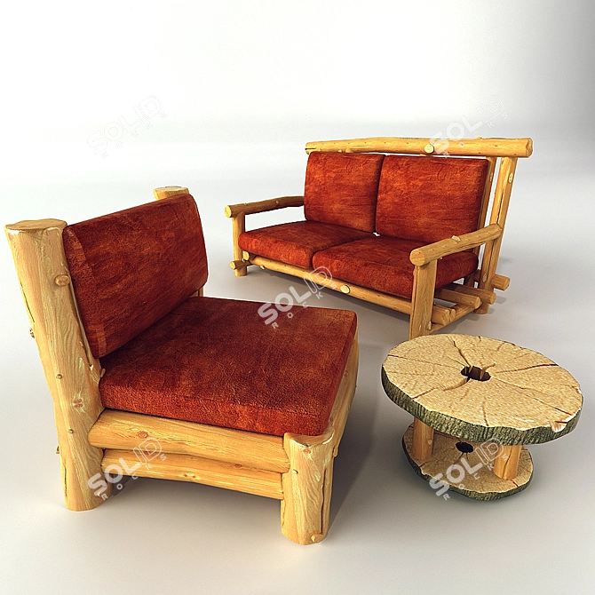 Rustic Sofa Chair and Journal Table Set 3D model image 2