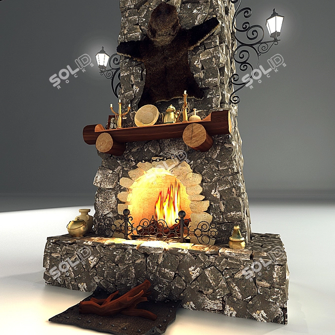 Antique Brick Fireplace with Decorative Stone 3D model image 1