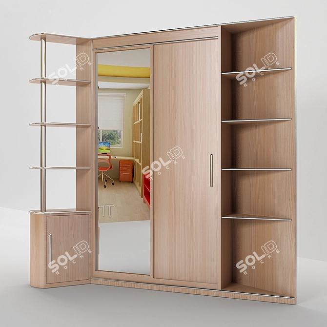 Mirrored Wardrobe with Open Shelves 3D model image 1