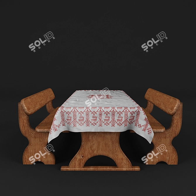 Rustic Table Set with Bench 3D model image 1