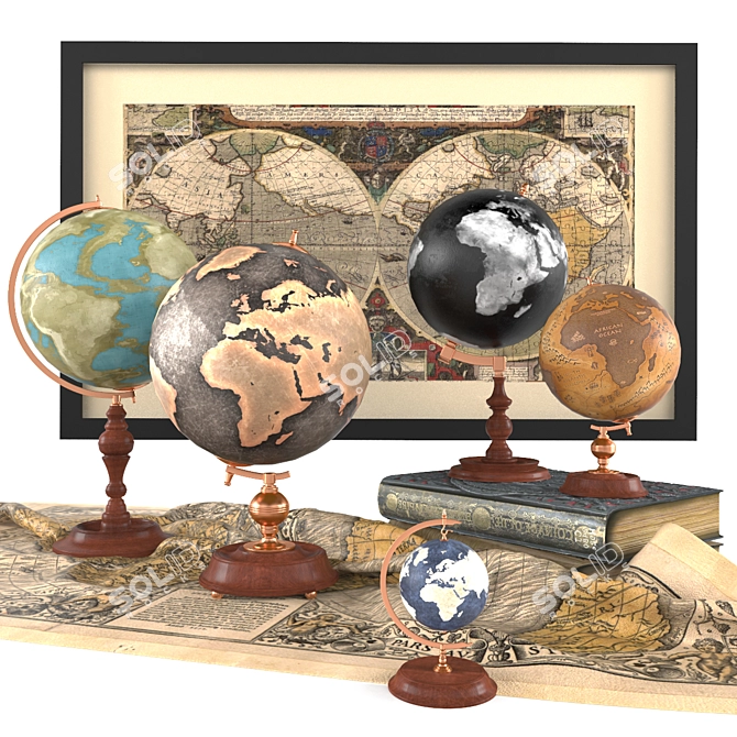 Antique Globe Set: Maps, Books & Soft Drapery 3D model image 1