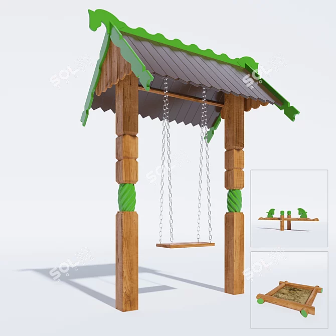 Wooden Swing Set with Balance Swings and Sandbox 3D model image 1