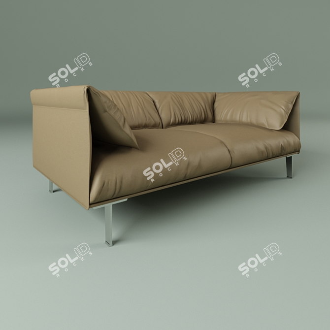 Elegant Leather Sofa with Cushioned Back and Metal Legs 3D model image 1