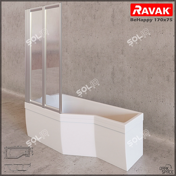 Ravak BeHappy 170x75: Asymmetric Acrylic Bathtub 3D model image 1